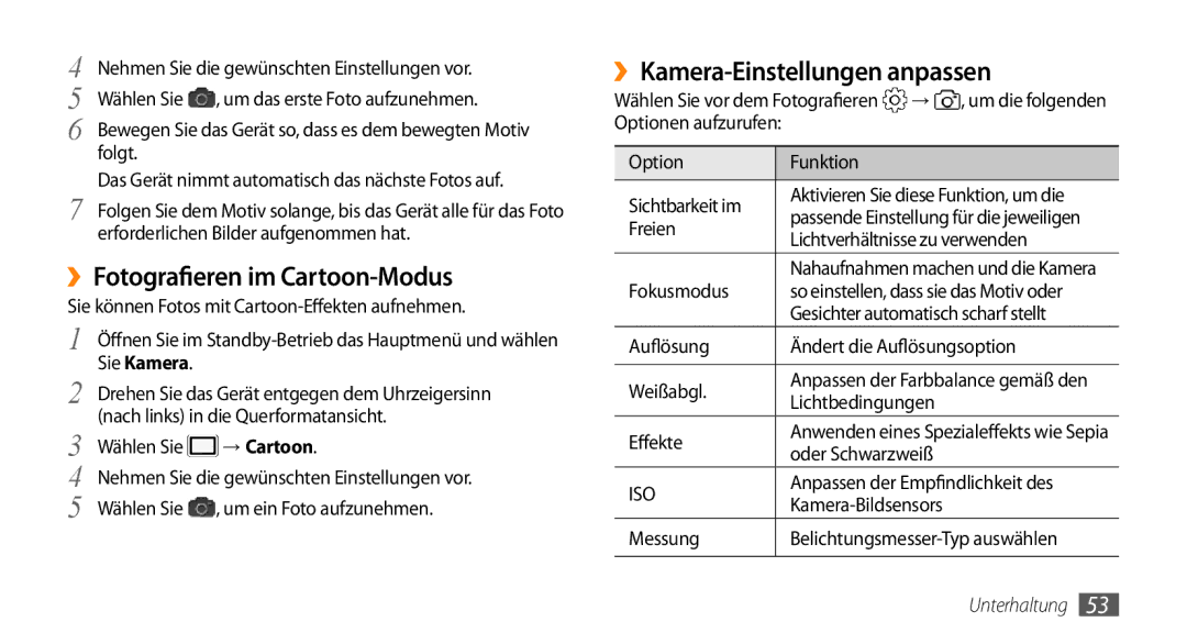 Samsung GT-I9010XKADBT manual ››Fotografieren im Cartoon-Modus, ››Kamera-Einstellungen anpassen, → Cartoon 