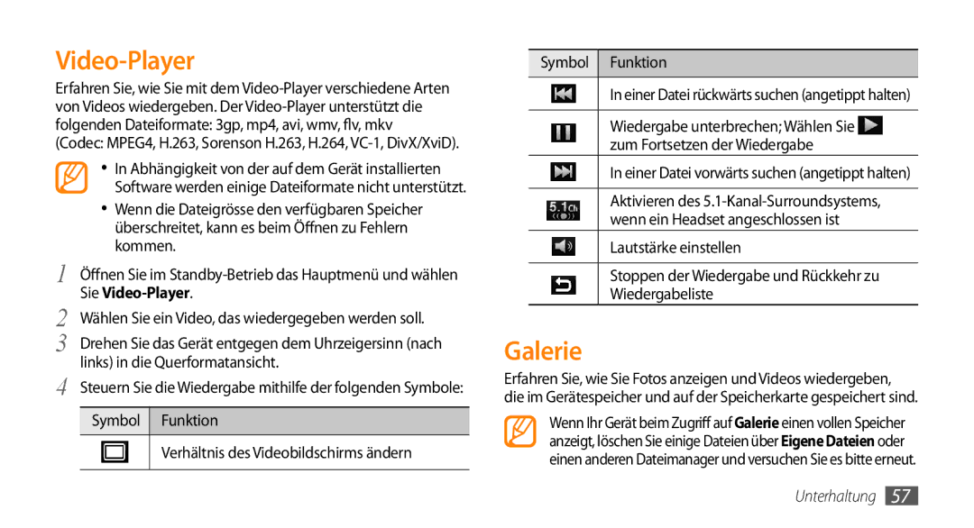 Samsung GT-I9010XKADBT manual Video-Player, Galerie, Symbol Funktion Verhältnis des Videobildschirms ändern 