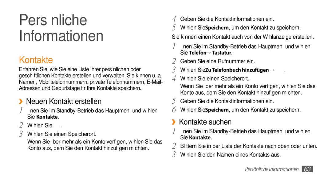 Samsung GT-I9010XKADBT manual Persönliche Informationen, ››Neuen Kontakt erstellen, ››Kontakte suchen 