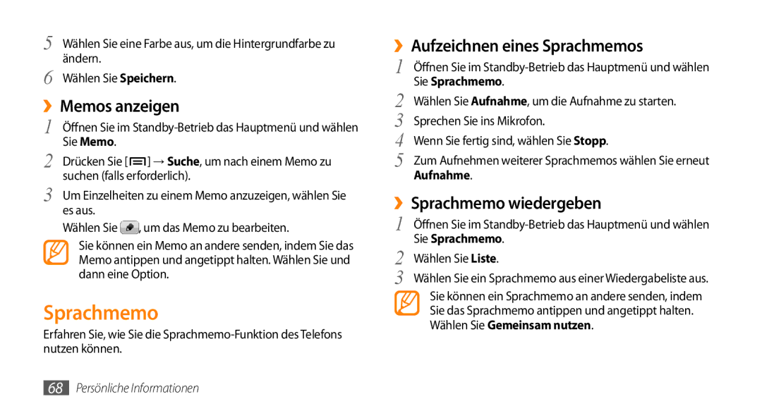 Samsung GT-I9010XKADBT manual ››Memos anzeigen, ››Aufzeichnen eines Sprachmemos, ››Sprachmemo wiedergeben 