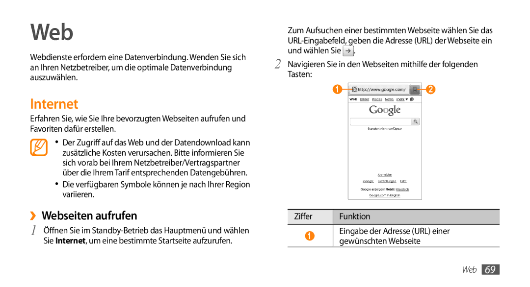 Samsung GT-I9010XKADBT manual Internet, ››Webseiten aufrufen 