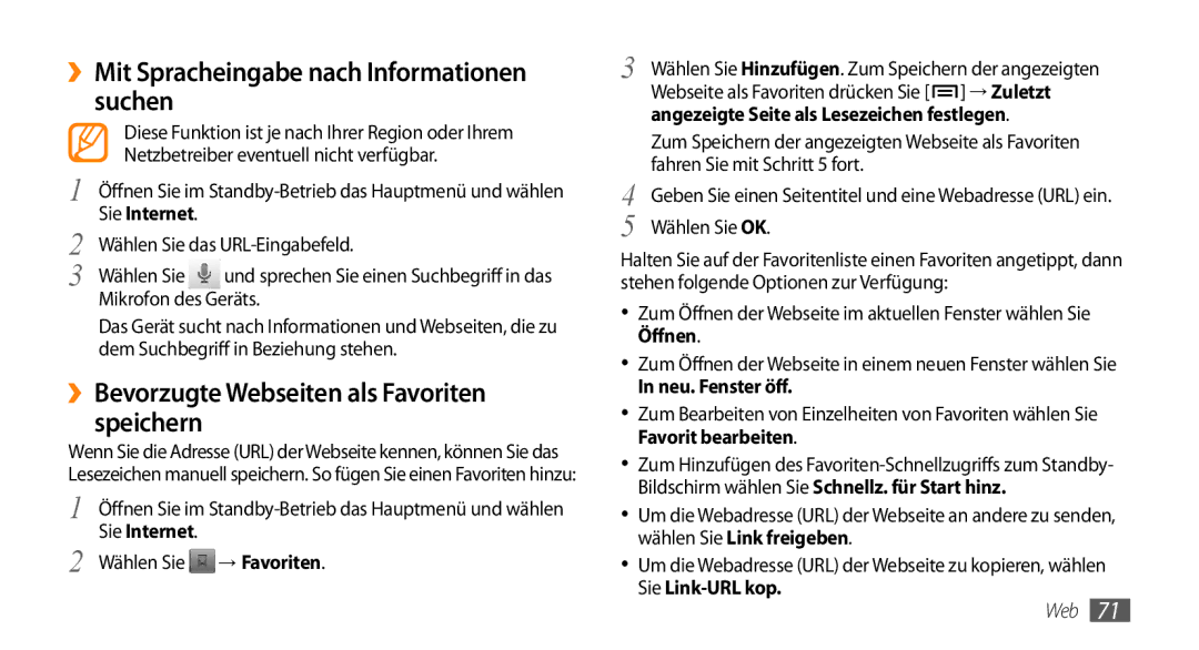 Samsung GT-I9010XKADBT manual ››Mit Spracheingabe nach Informationen suchen, ››Bevorzugte Webseiten als Favoriten speichern 