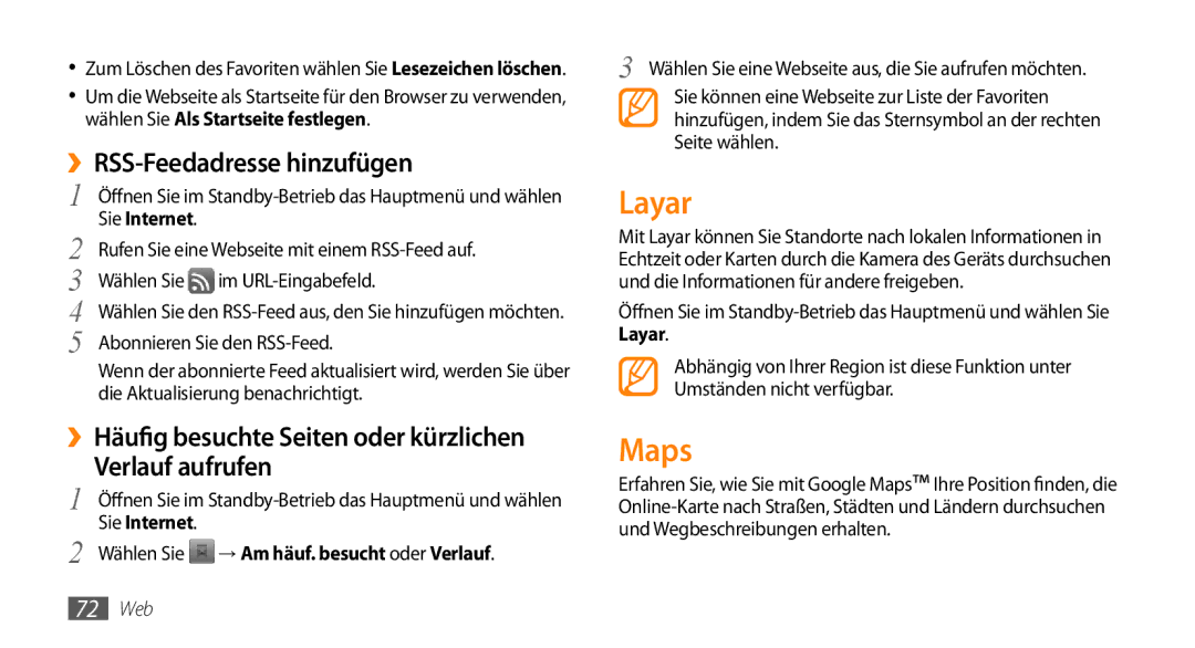 Samsung GT-I9010XKADBT manual Layar, Maps, ››RSS-Feedadresse hinzufügen, Verlauf aufrufen 