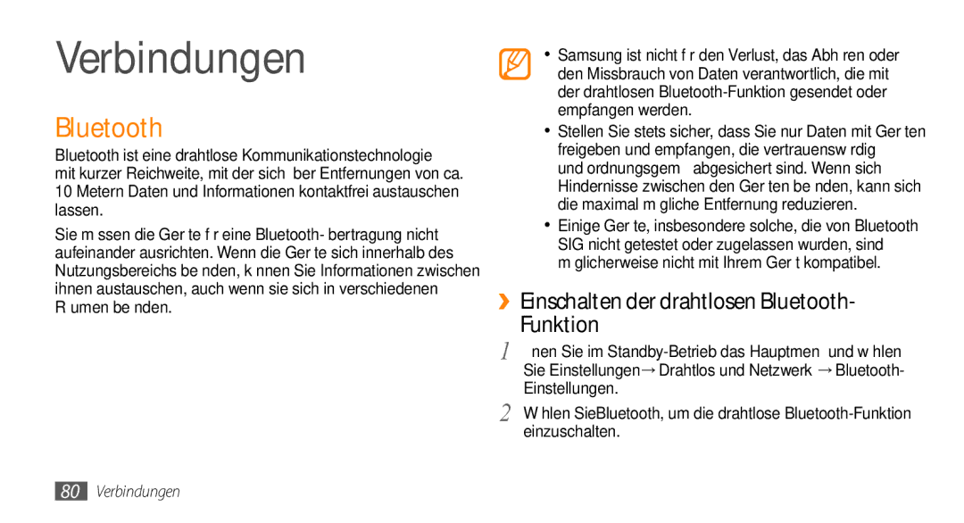 Samsung GT-I9010XKADBT manual Verbindungen, ››Einschalten der drahtlosen Bluetooth Funktion 