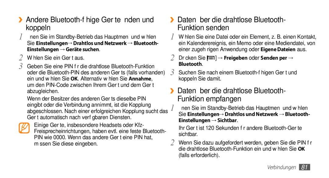 Samsung GT-I9010XKADBT manual ››Andere Bluetooth-fähige Geräte finden und koppeln, Wählen Sie ein Gerät aus 