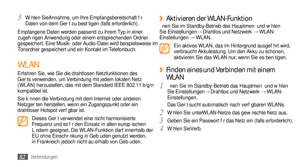 Samsung GT-I9010XKADBT manual ››Aktivieren der WLAN-Funktion, ››Finden eines und Verbinden mit einem, Einstellungen 