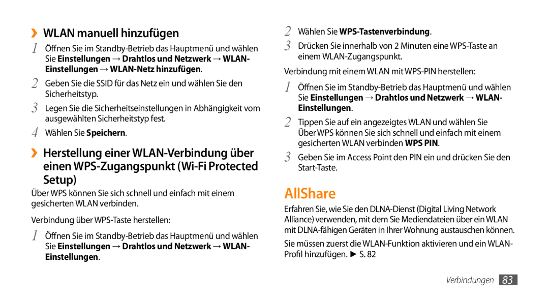 Samsung GT-I9010XKADBT manual AllShare, ››WLAN manuell hinzufügen, Einstellungen Wählen Sie WPS-Tastenverbindung 