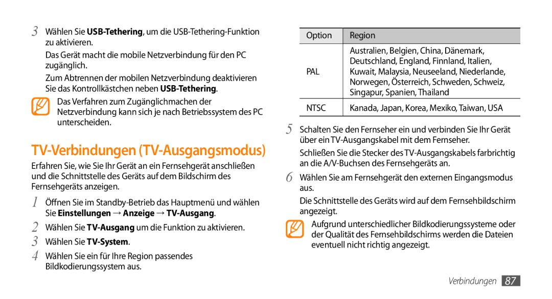 Samsung GT-I9010XKADBT manual TV-Verbindungen TV-Ausgangsmodus, Singapur, Spanien, Thailand 