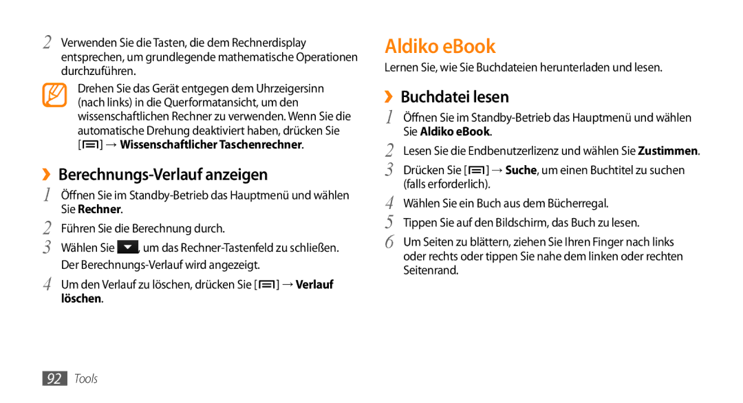 Samsung GT-I9010XKADBT manual Aldiko eBook, ››Berechnungs-Verlauf anzeigen, ››Buchdatei lesen, Sie Rechner, Löschen 