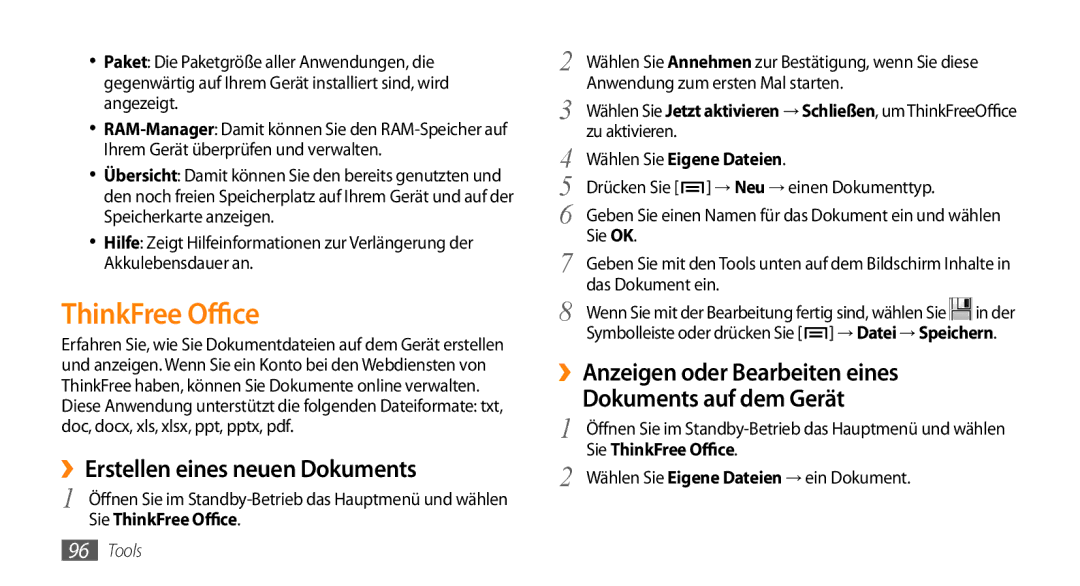 Samsung GT-I9010XKADBT manual ››Erstellen eines neuen Dokuments, Sie ThinkFree Office 