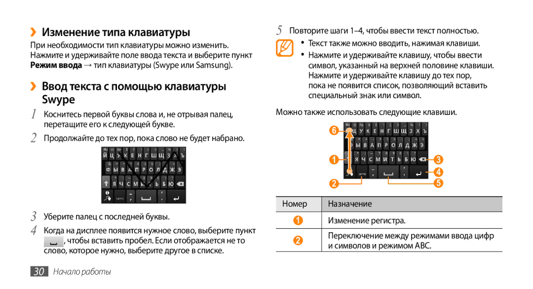 Samsung GT-I9010XKASER manual ››Изменение типа клавиатуры, ››Ввод текста с помощью клавиатуры Swype, 30 Начало работы 