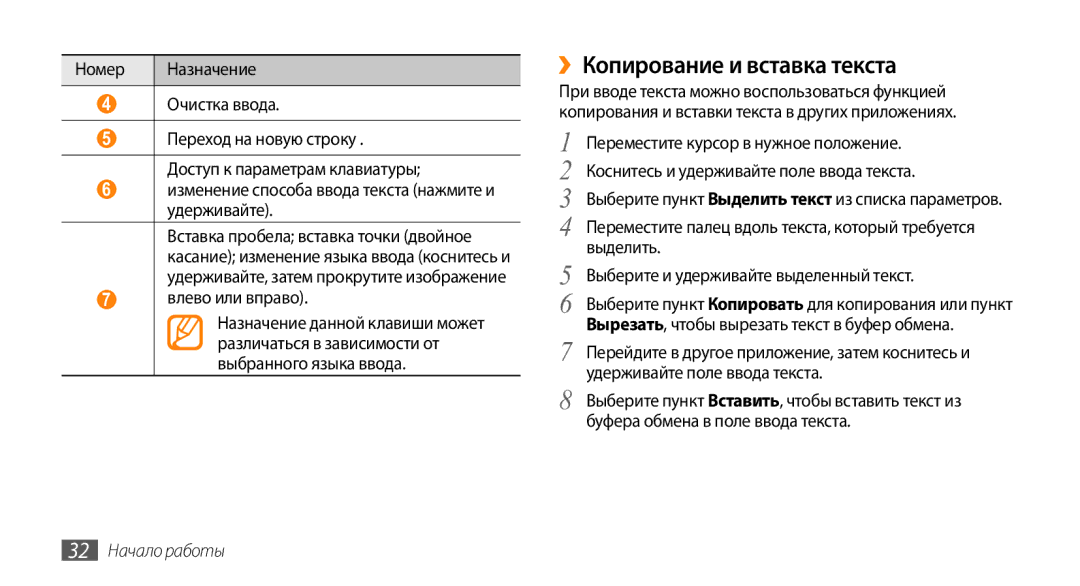 Samsung GT-I9010XKASER manual ››Копирование и вставка текста, 32 Начало работы 