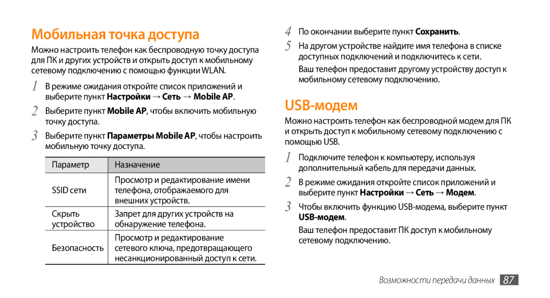 Samsung GT-I9010XKASER manual Мобильная точка доступа, USB-модем 