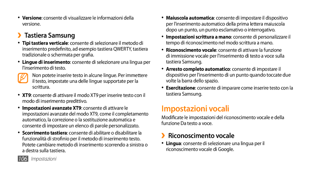 Samsung GT-I9010XKAXEN, GT-I9010XKAITV manual Impostazioni vocali, ››Tastiera Samsung, ››Riconoscimento vocale 