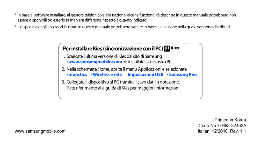 Samsung GT-I9010XKAXEN, GT-I9010XKAITV manual Per installare Kies sincronizzazione con il PC 