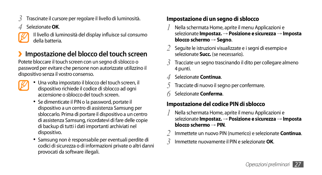 Samsung GT-I9010XKAITV manual Impostazione di un segno di sblocco, Impostazione del codice PIN di sblocco, Selezionate OK 