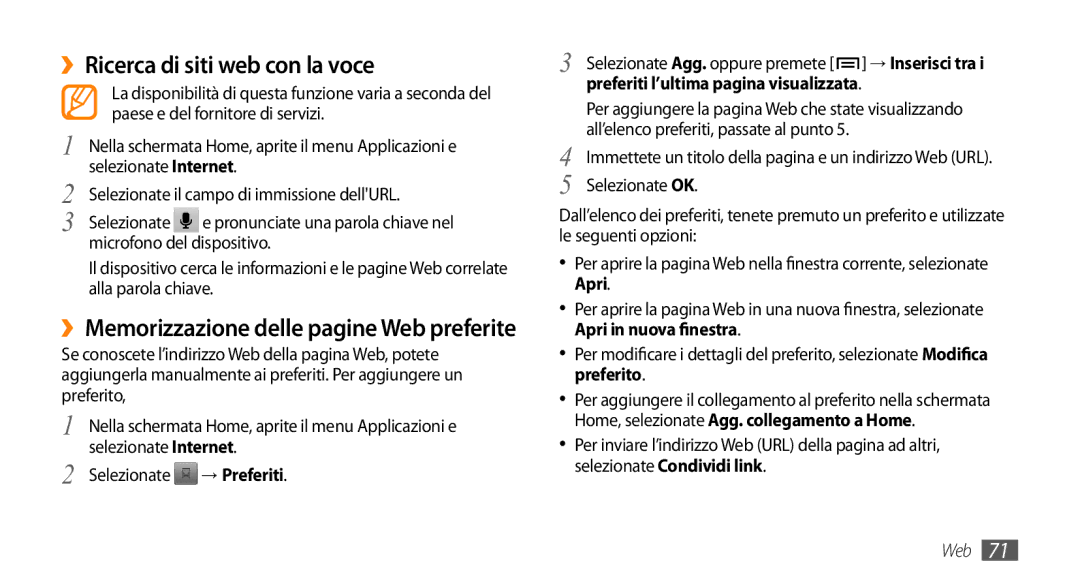 Samsung GT-I9010XKAITV, GT-I9010XKAXEN manual ››Ricerca di siti web con la voce, ››Memorizzazione delle pagine Web preferite 