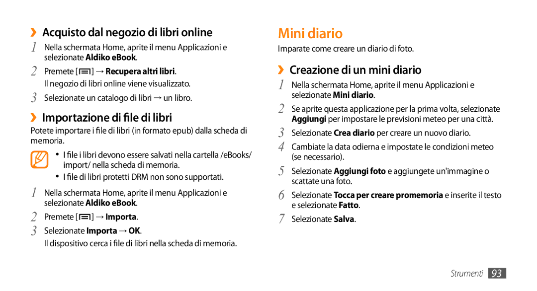 Samsung GT-I9010XKAITV manual Mini diario, ››Acquisto dal negozio di libri online, ››Importazione di file di libri 