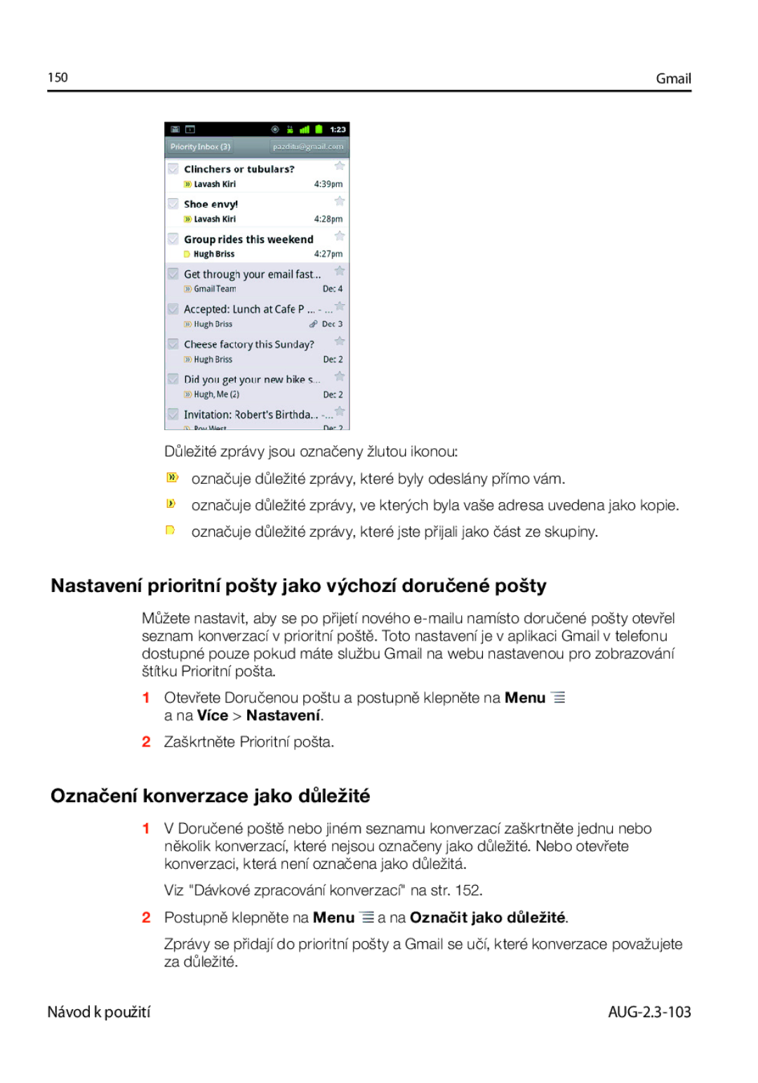Samsung GT-I9023FSAATO manual Nastavení prioritní pošty jako výchozí doručené pošty, Označení konverzace jako důležité 