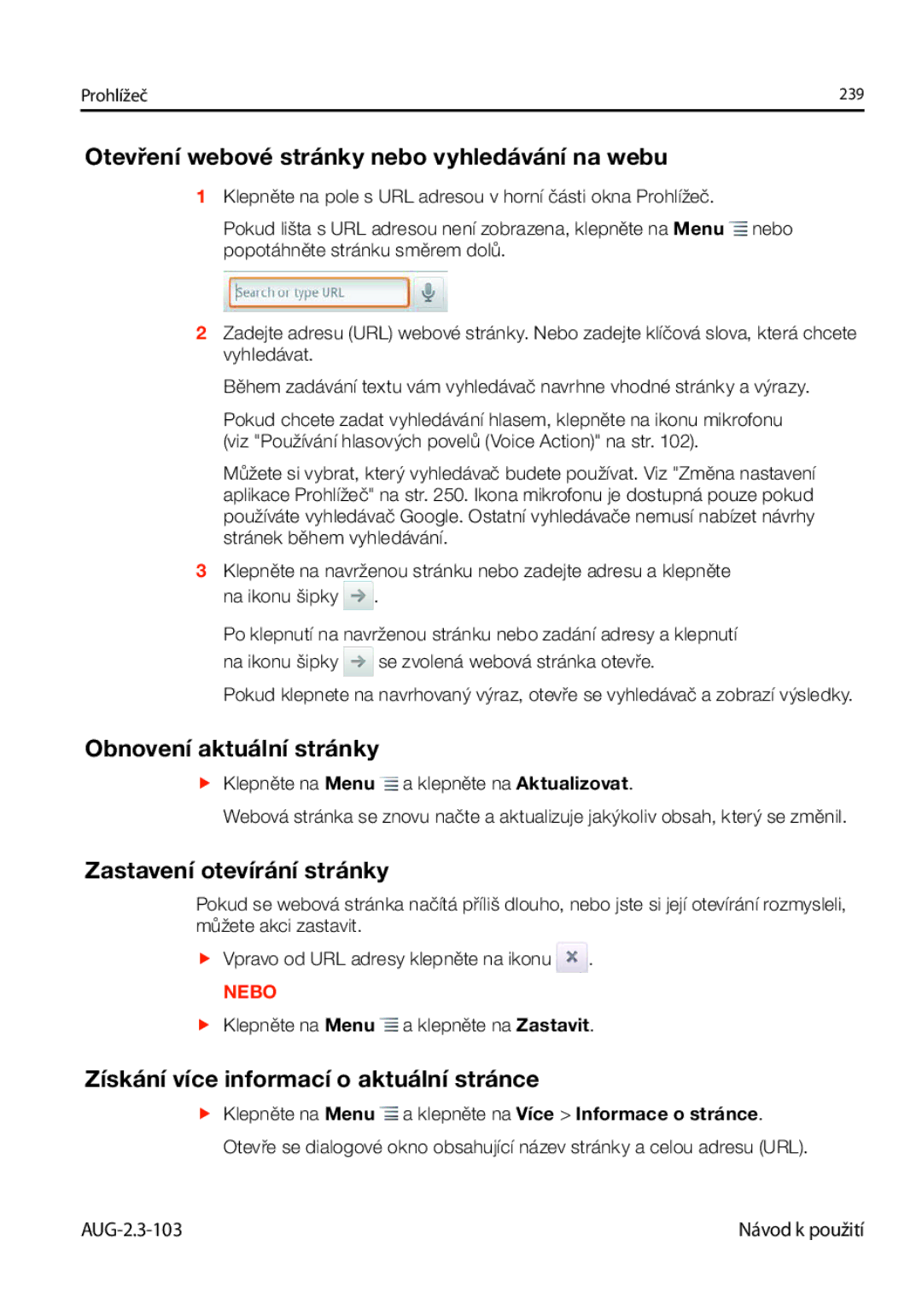 Samsung GT-I9023FSAXEZ, GT-I9023FSAATO manual Otevření webové stránky nebo vyhledávání na webu, Obnovení aktuální stránky 