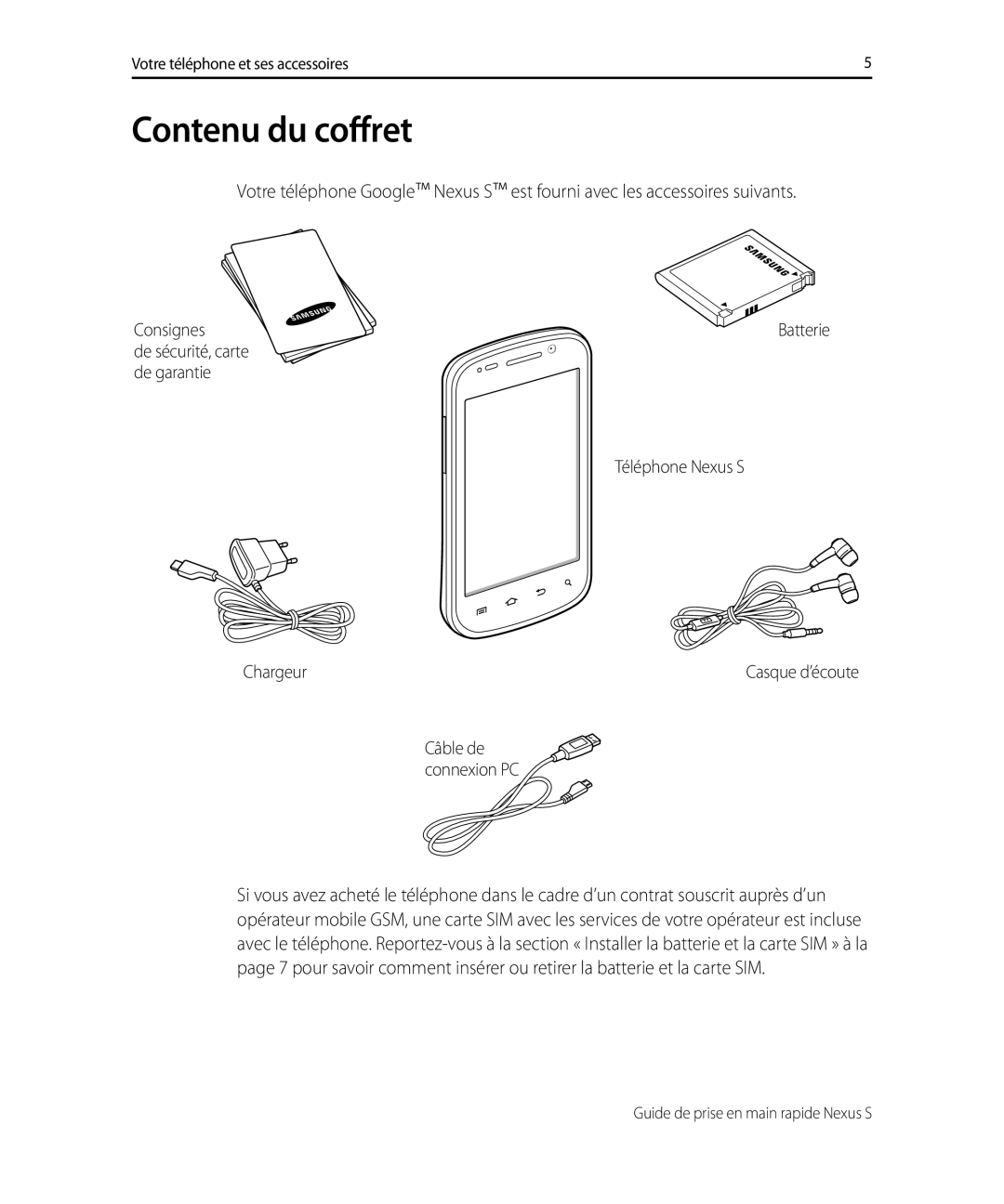 Samsung GT-I9023PWASFR, GT-I9023FSAFTM manual Contenu du coffret, De sécurité, carte De garantie Téléphone Nexus S Chargeur 