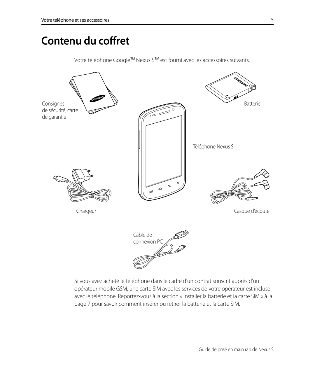 Samsung GT-I9023PWASFR manual Contenu du coffret, Consignes, de sécurité, carte, de garantie, Téléphone Nexus S, Chargeur 