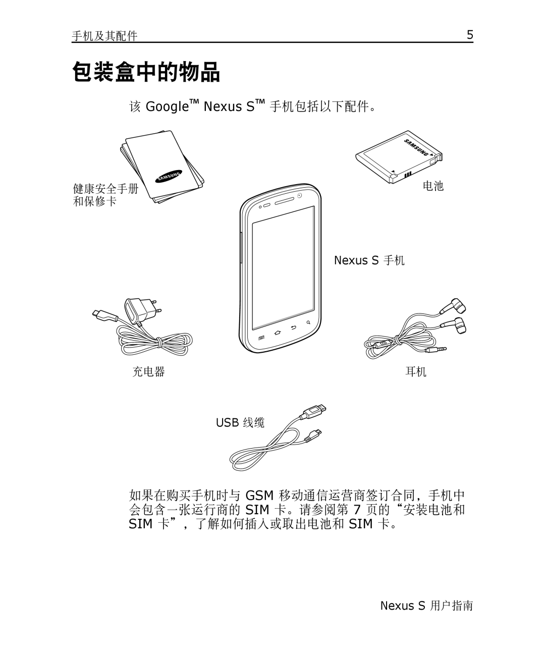 Samsung GT-I9023FSACNX, GT-I9023FSAVGR, GT-I9023PWADBT, GT-I9023FSAITV, GT-I9023FSAMOB manual 包装盒中的物品, Google Nexus S 手机包括以下配件。 