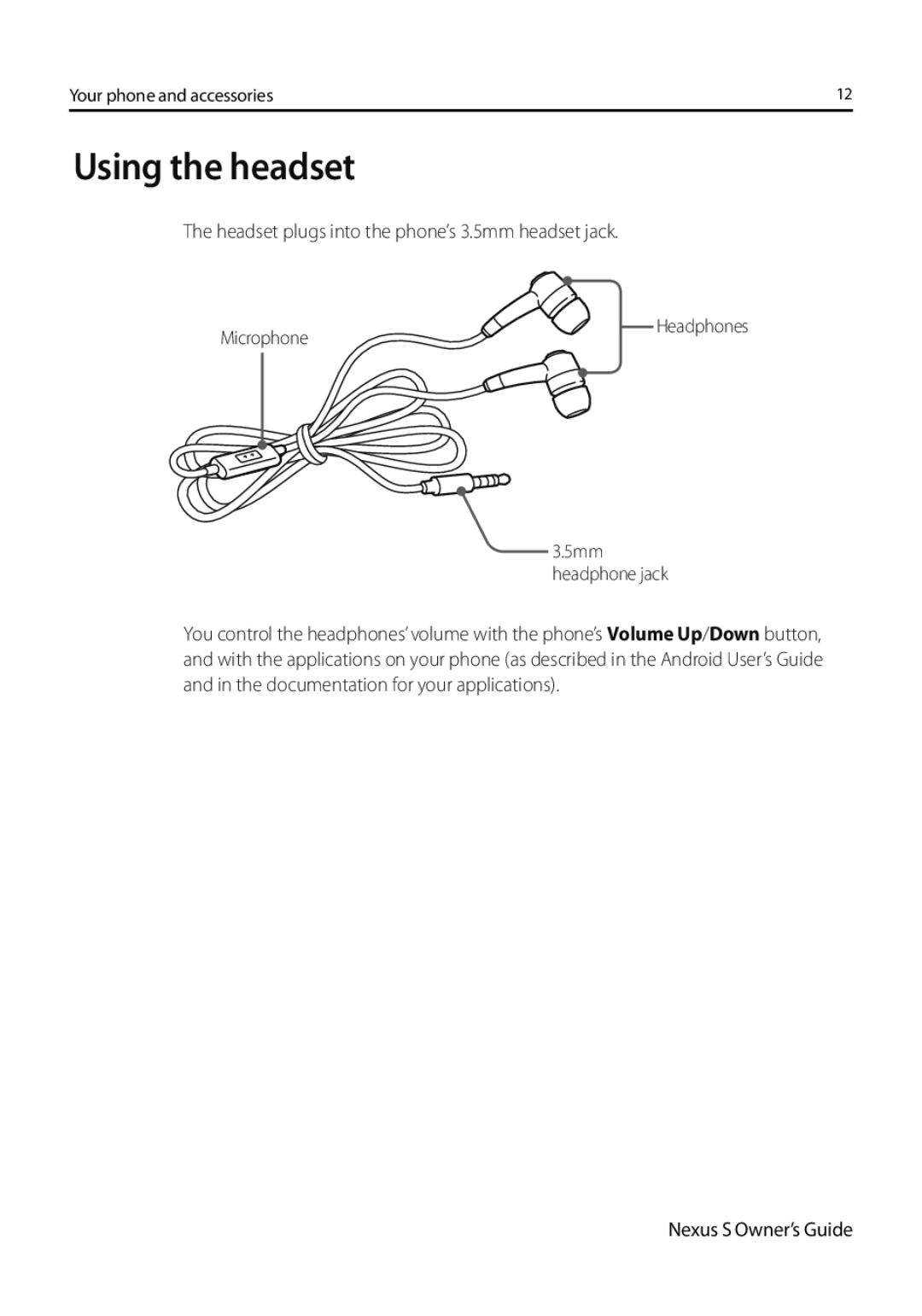 Samsung GT-I9023FSACNX, GT-I9023FSAVGR, GT-I9023PWADBT Using the headset, Headset plugs into the phone’s 3.5mm headset jack 