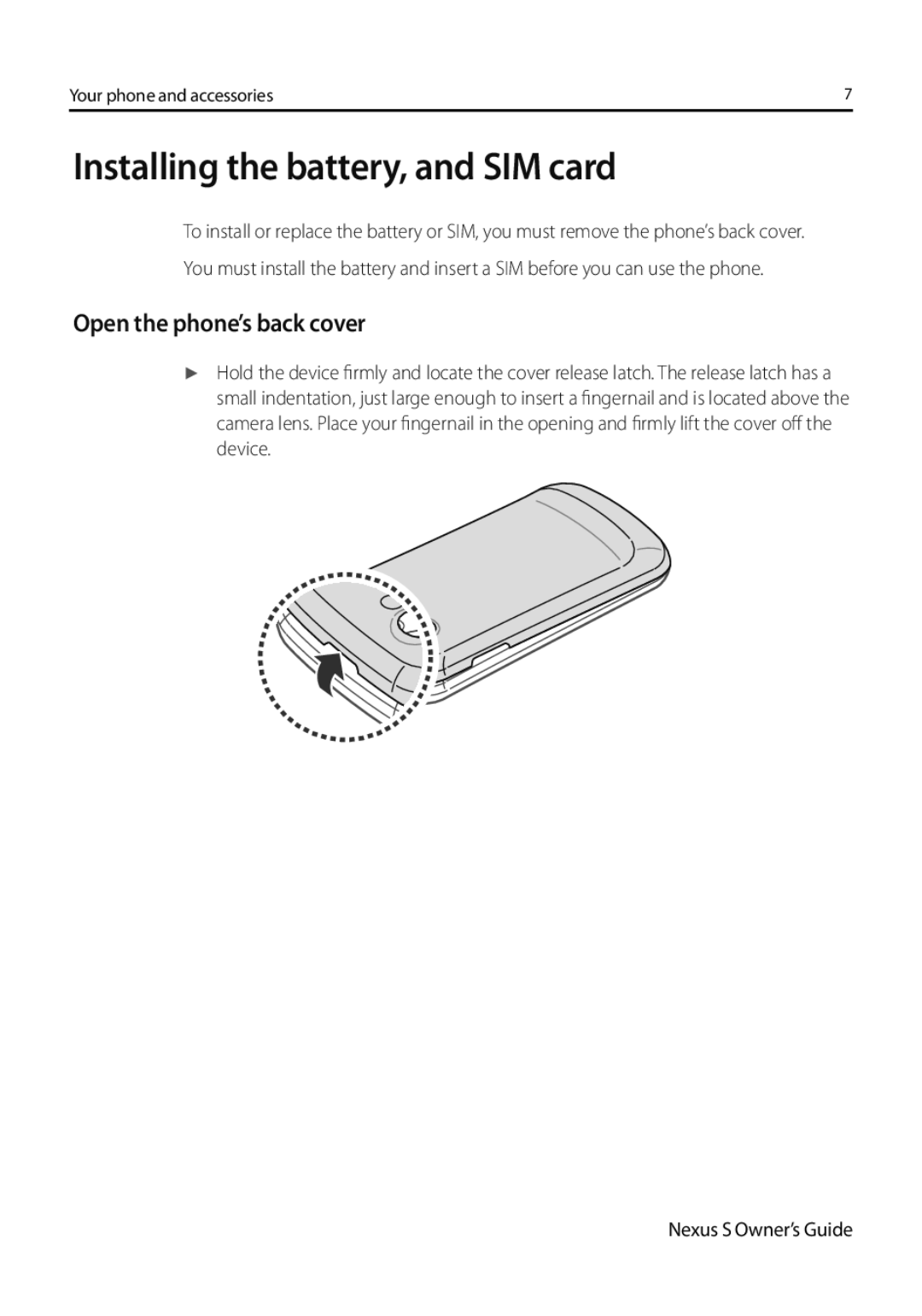 Samsung GT-I9023FSAVD2, GT-I9023FSAVGR, GT-I9023PWADBT Installing the battery, and SIM card, Open the phone’s back cover 