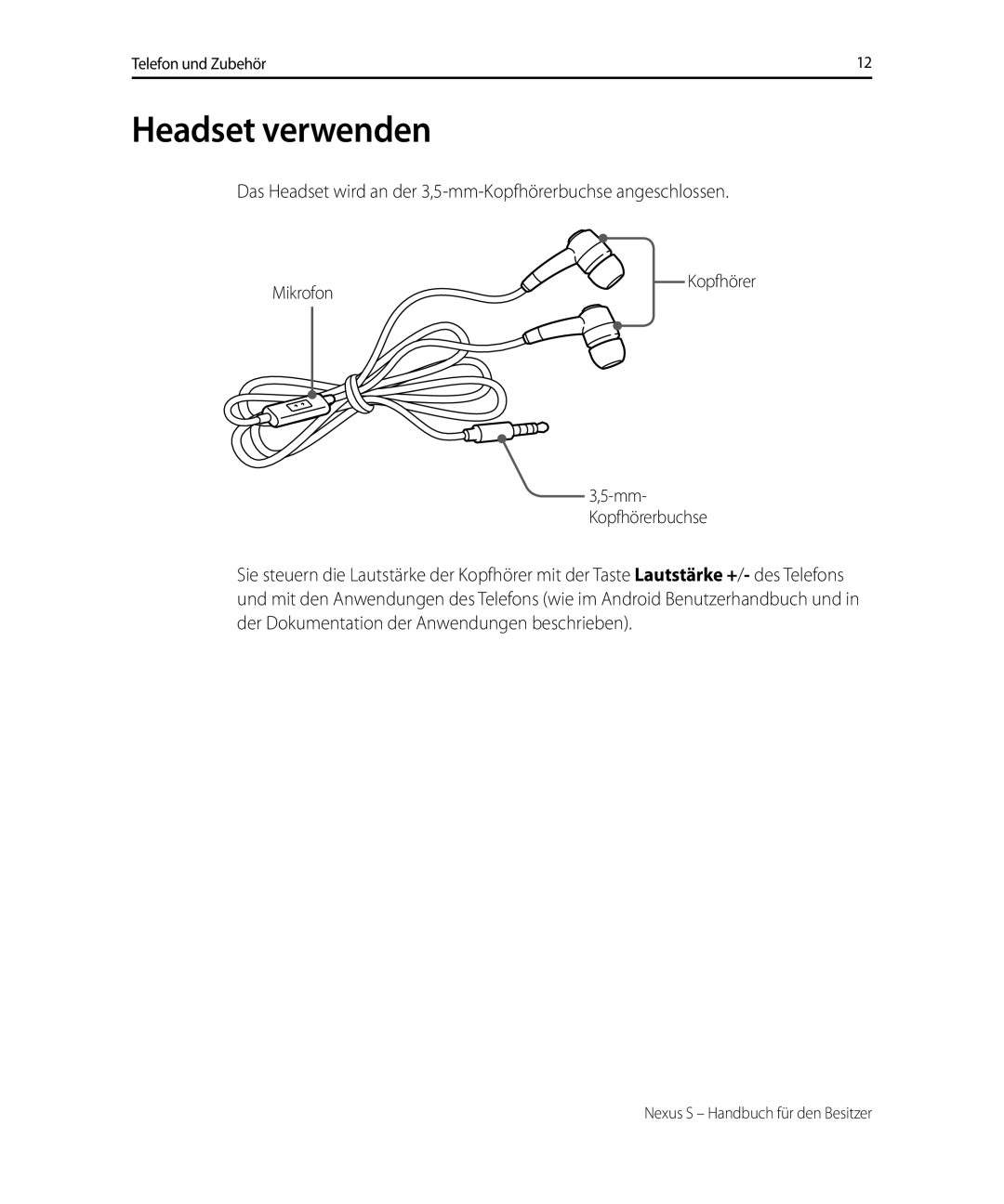 Samsung GT-I9023FSACNX, GT-I9023FSAVGR Headset verwenden, Das Headset wird an der 3,5-mm-Kopfhörerbuchse angeschlossen 