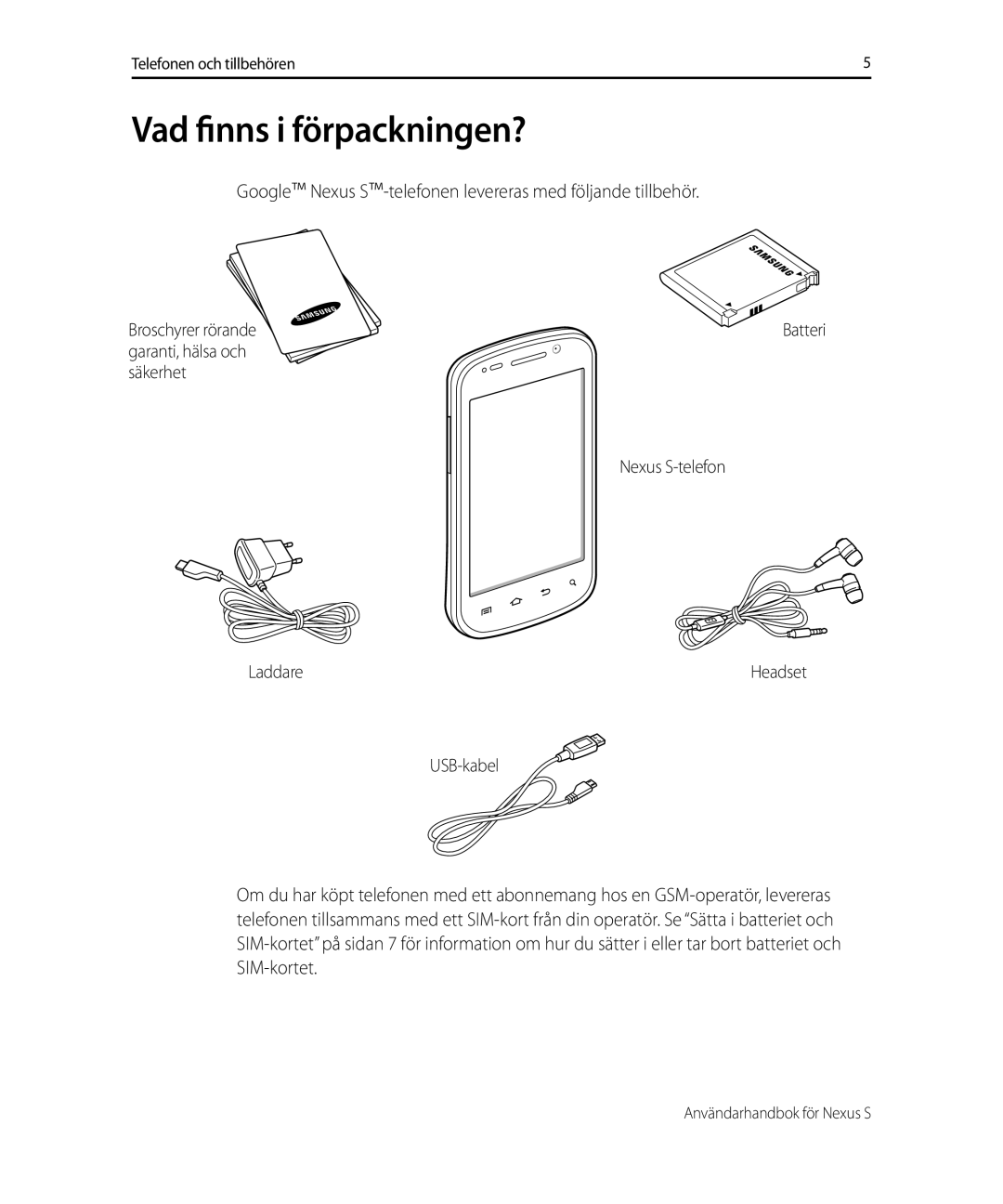 Samsung GT-I9023FSANEE manual Vad finns i förpackningen?, Google Nexus S-telefonen levereras med följande tillbehör 