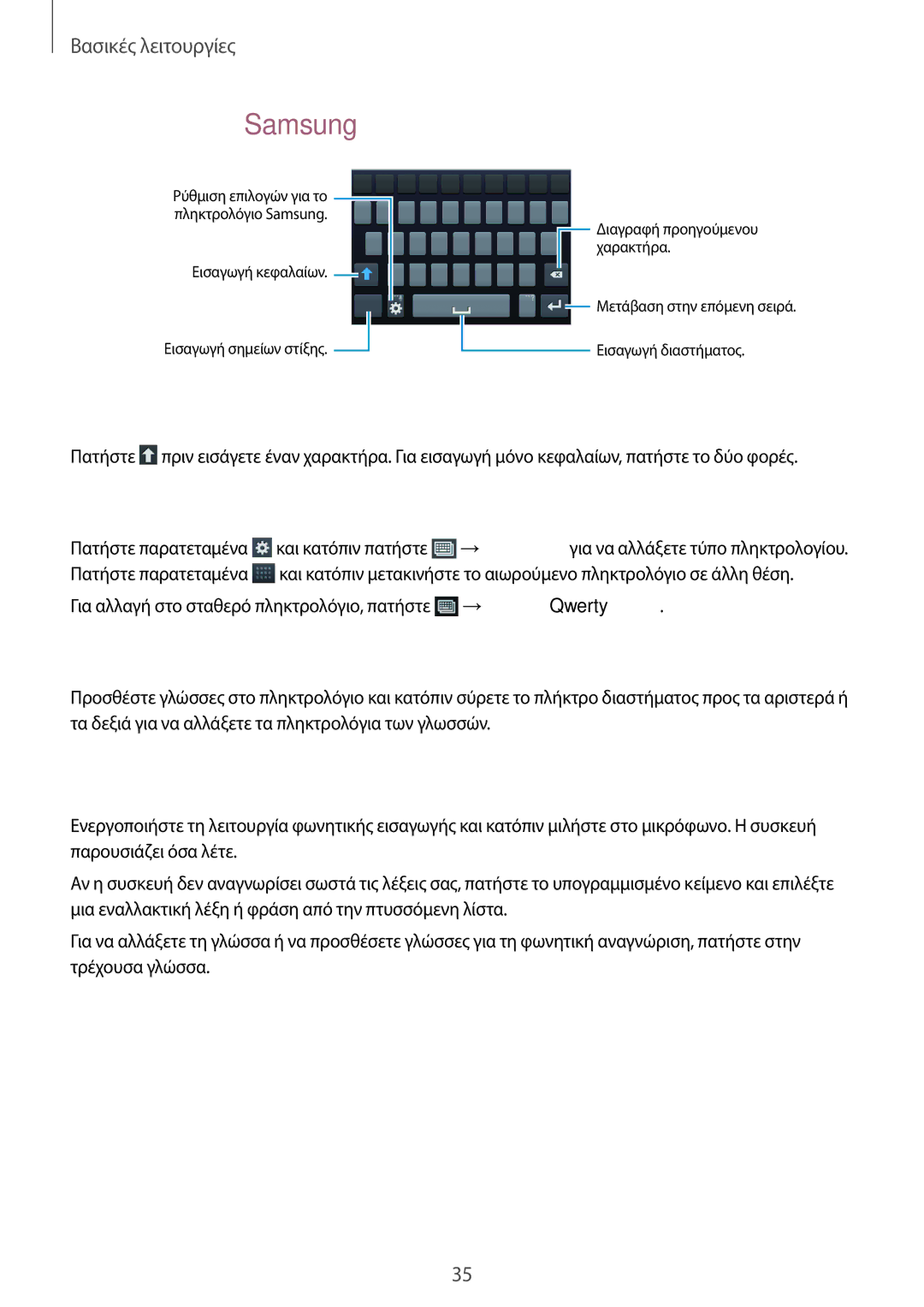 Samsung GT-I9060ZOAEUR, GT-I9060EGAEUR manual Εισαγωγή κειμένου φωνητικά, Εισαγωγή κεφαλαίων, Αλλαγή τύπου πληκτρολογίου 