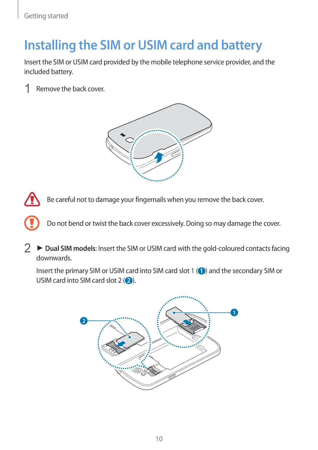 Samsung GT-I9060ZWAITV, GT-I9060EGAXEF, GT-I9060ZWAXEF, GT-I9060MKAXEF manual Installing the SIM or Usim card and battery 