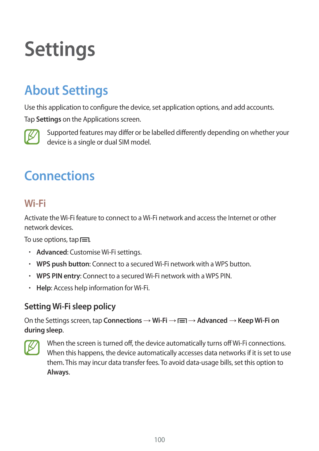 Samsung GT-I9060MKASEB, GT-I9060EGAXEF, GT-I9060ZWAXEF manual About Settings, Connections, Setting Wi-Fi sleep policy 