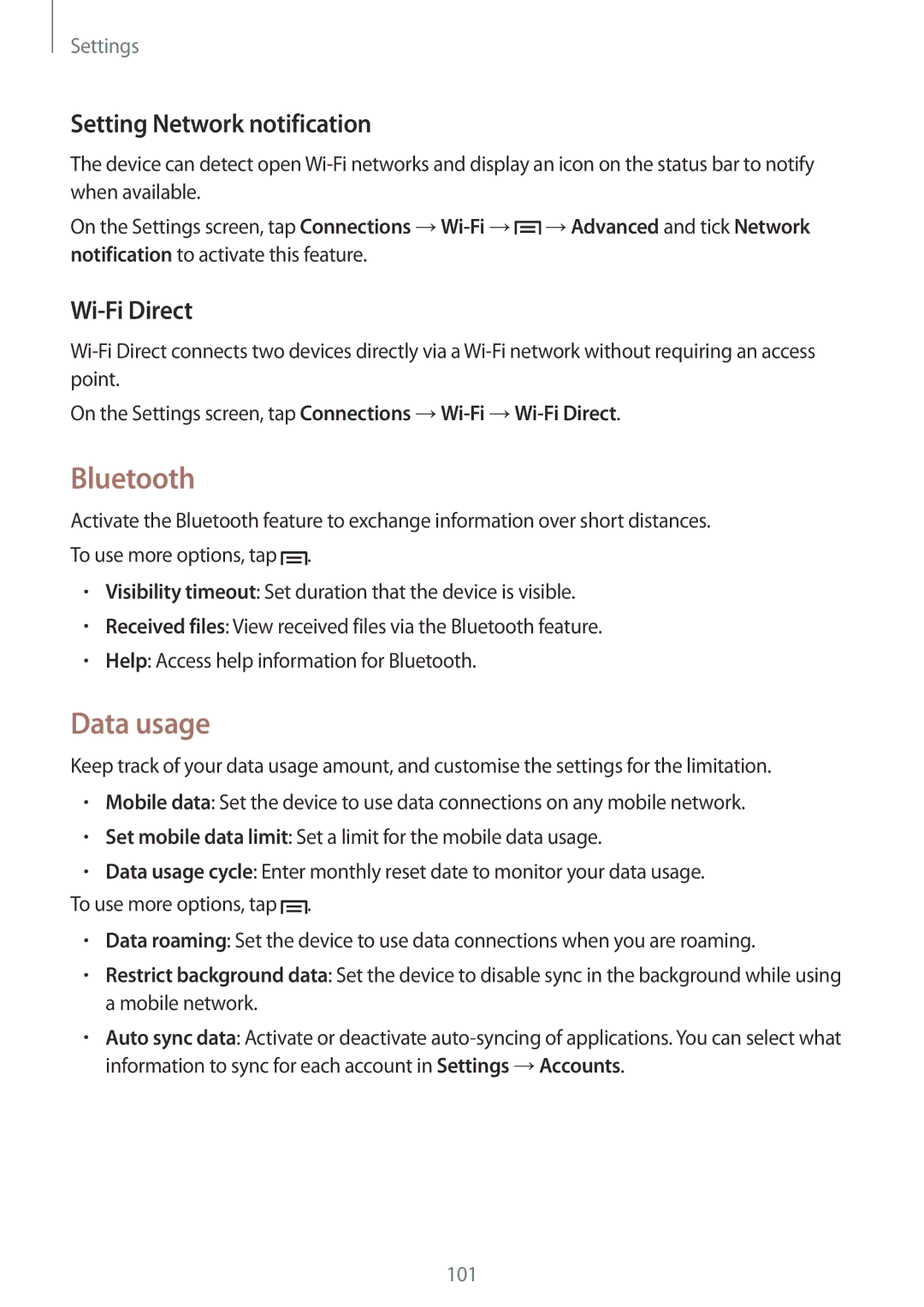 Samsung GT-I9060MKDSEB, GT-I9060EGAXEF, GT-I9060ZWAXEF Bluetooth, Data usage, Setting Network notification, Wi-Fi Direct 