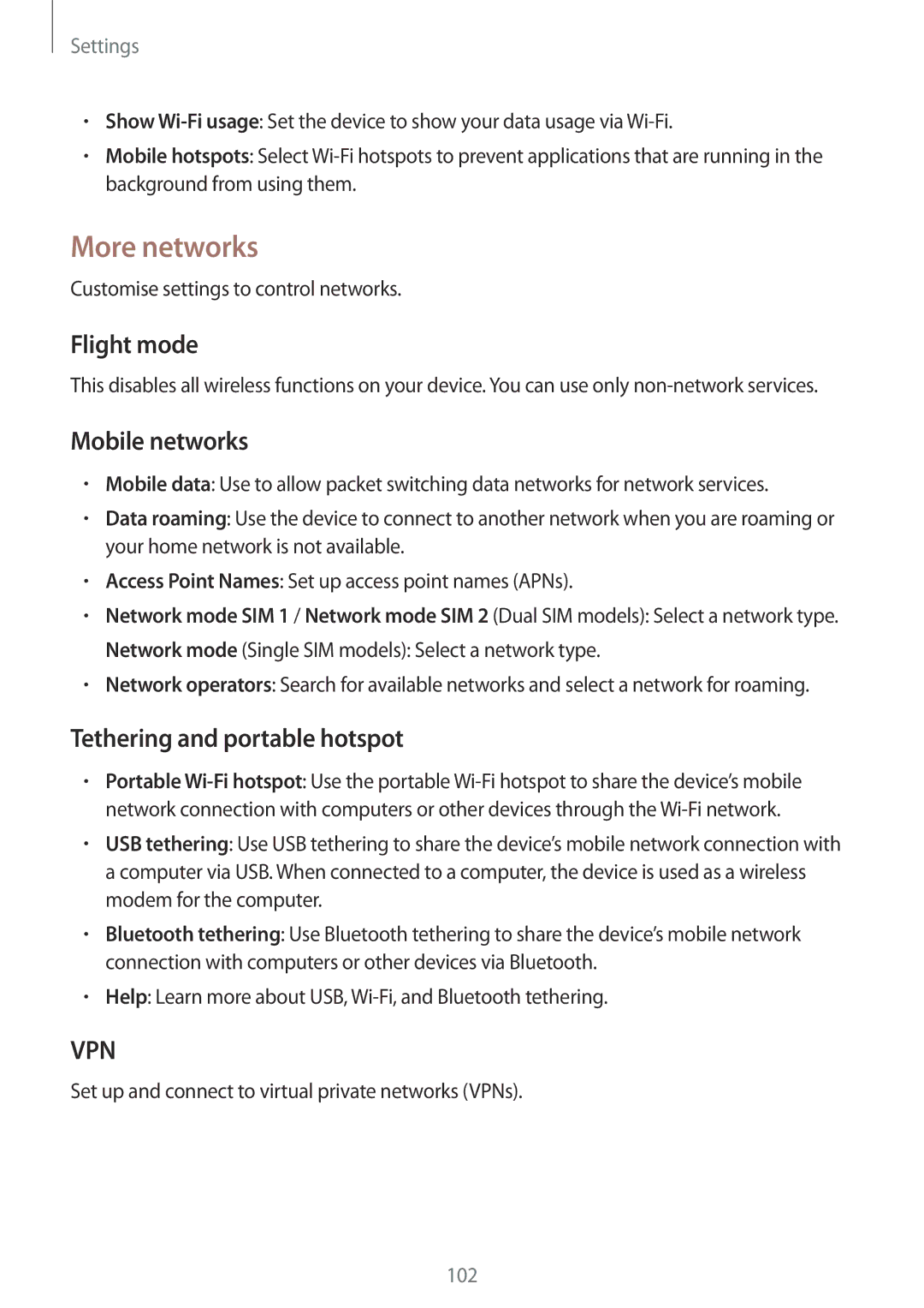 Samsung GT-I9060ZWDSEB, GT-I9060EGAXEF manual More networks, Flight mode, Mobile networks, Tethering and portable hotspot 