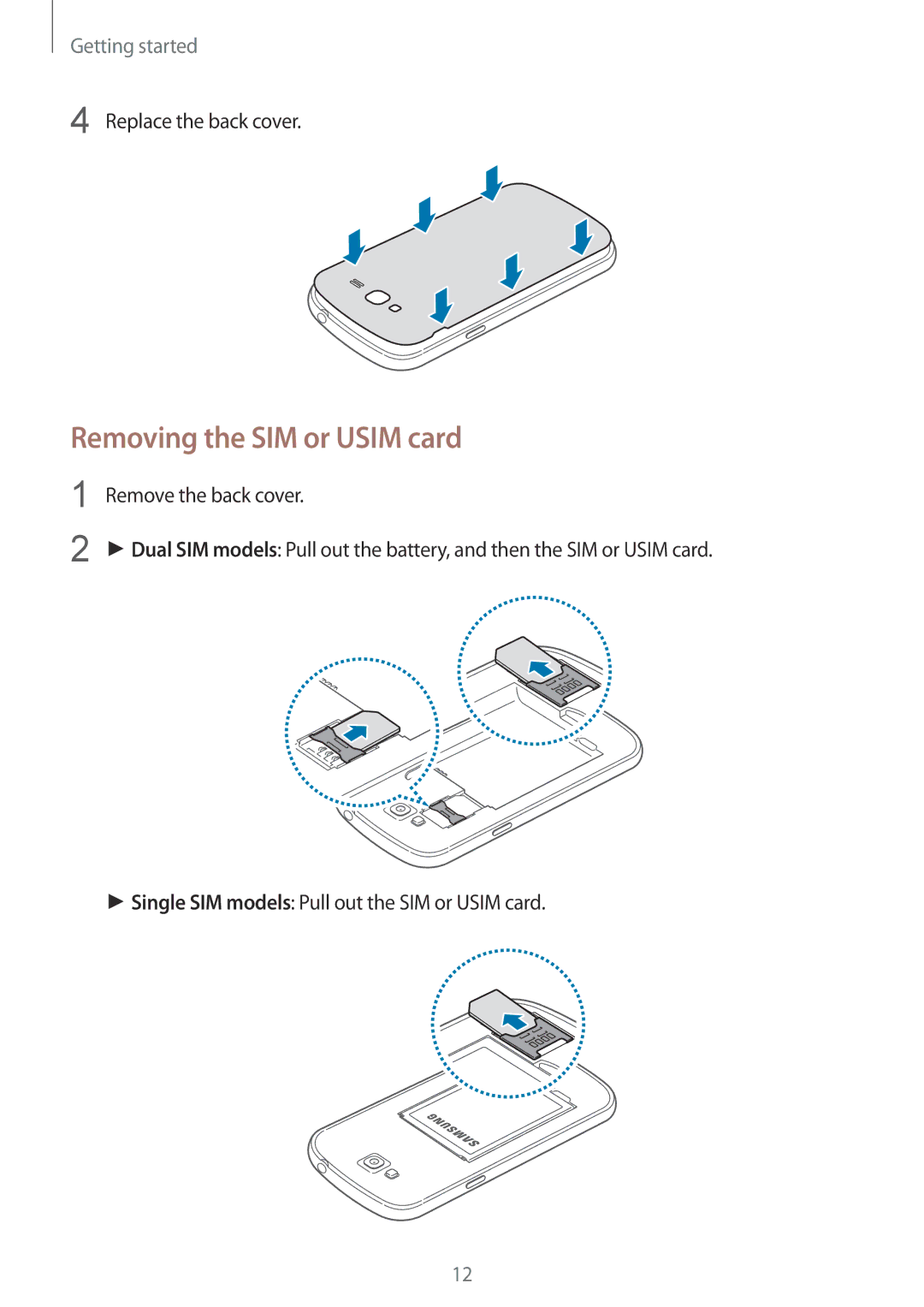 Samsung GT-I9060MKATUR, GT-I9060EGAXEF, GT-I9060ZWAXEF, GT-I9060MKAXEF, GT-I9060ZOAITV manual Removing the SIM or Usim card 