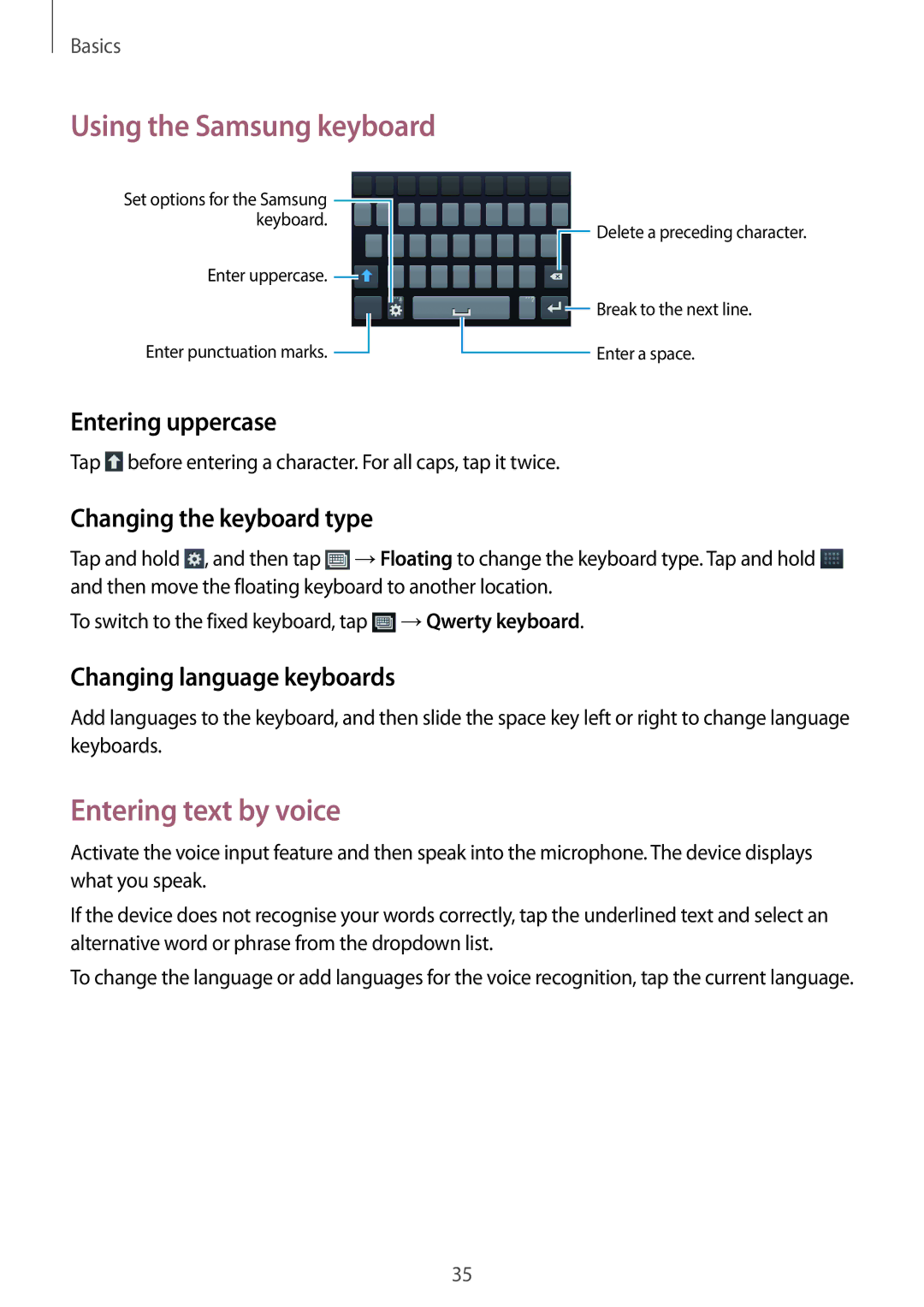 Samsung GT-I9060MKDMID Using the Samsung keyboard, Entering text by voice, Entering uppercase, Changing the keyboard type 