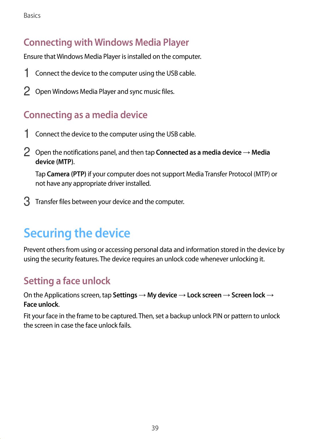 Samsung GT-I9060ZWDMID Securing the device, Connecting with Windows Media Player, Connecting as a media device, Device MTP 