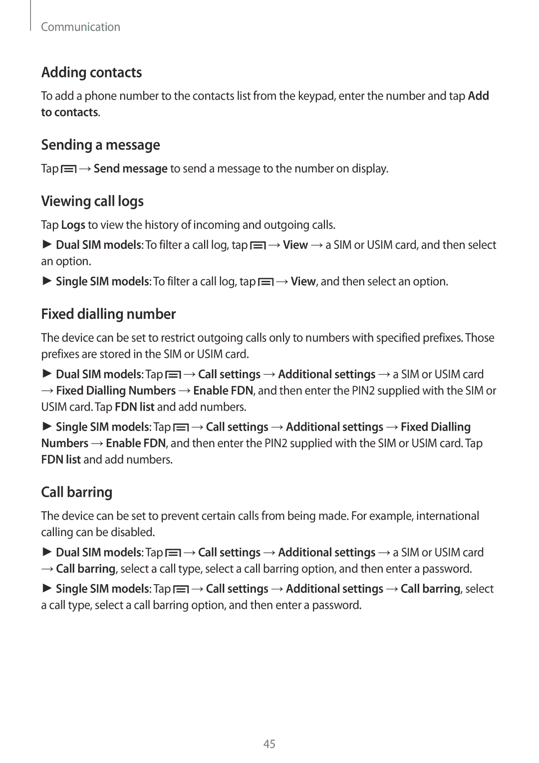 Samsung GT-I9060MKDTMC manual Adding contacts, Sending a message, Viewing call logs, Fixed dialling number, Call barring 