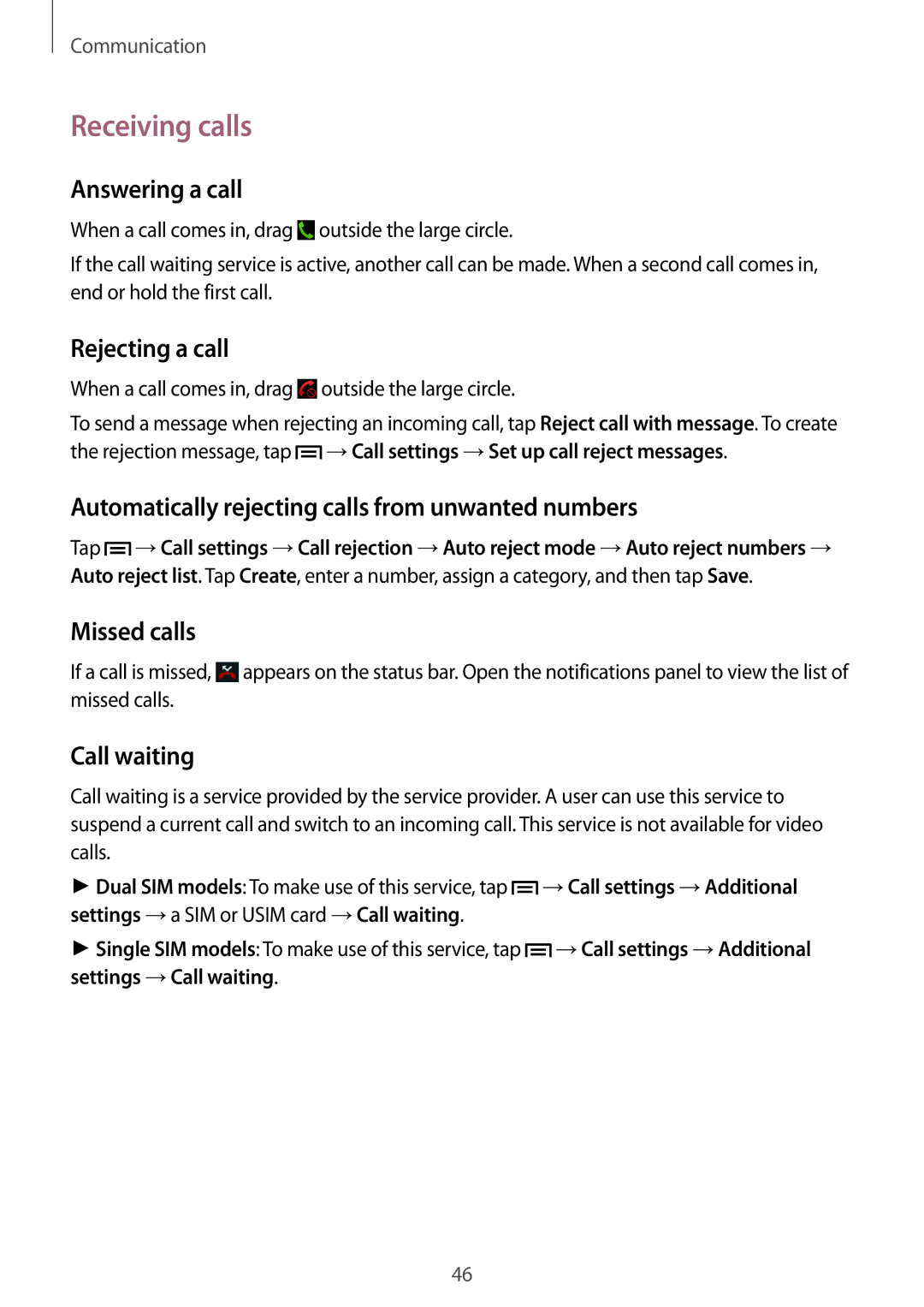 Samsung GT-I9060ZWAAFR, GT-I9060EGAXEF, GT-I9060ZWAXEF, GT-I9060MKAXEF, GT-I9060ZOAITV, GT-I9060MKAITV manual Receiving calls 