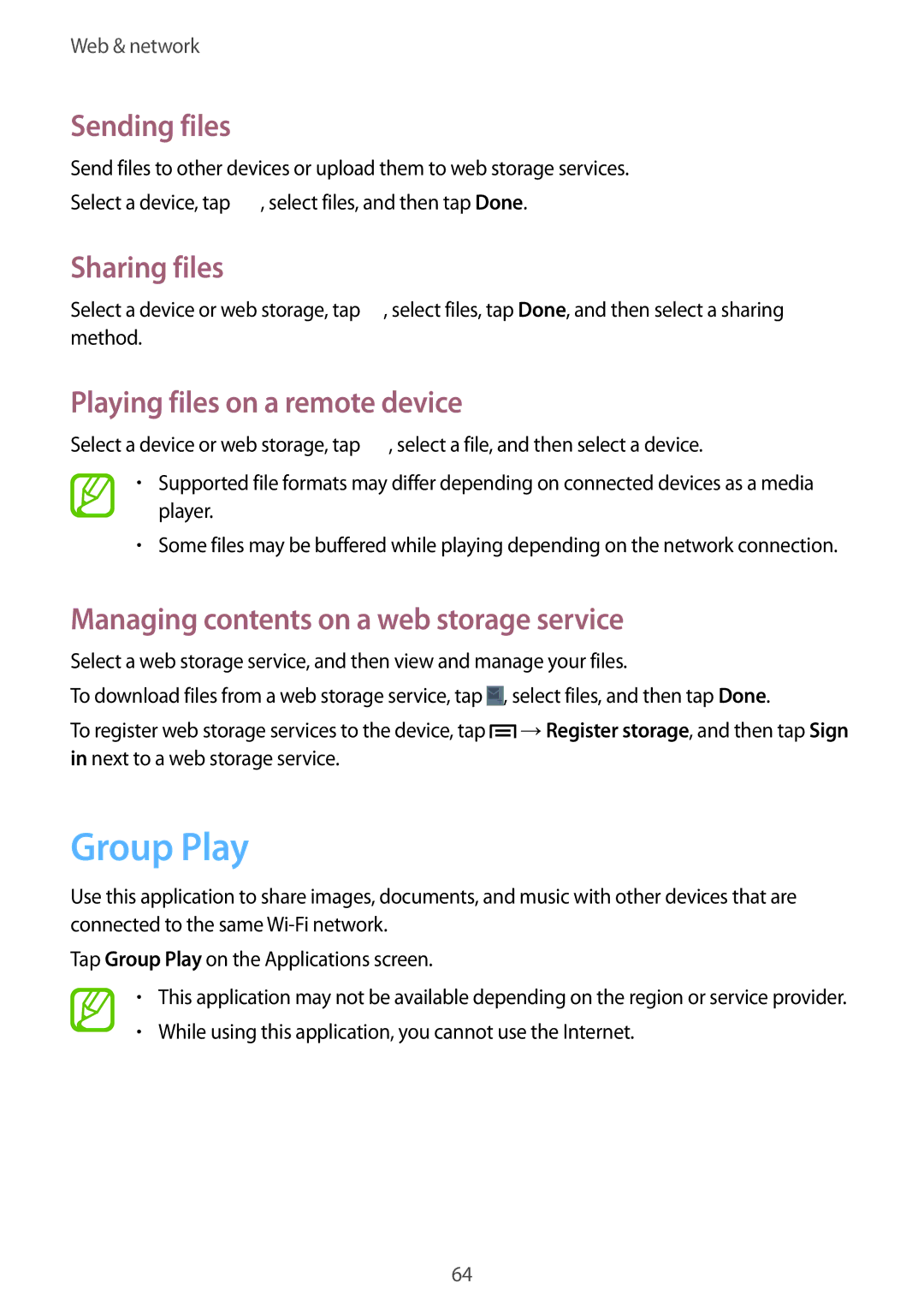 Samsung GT-I9060ZWDKSA, GT-I9060EGAXEF manual Group Play, Sending files, Sharing files, Playing files on a remote device 