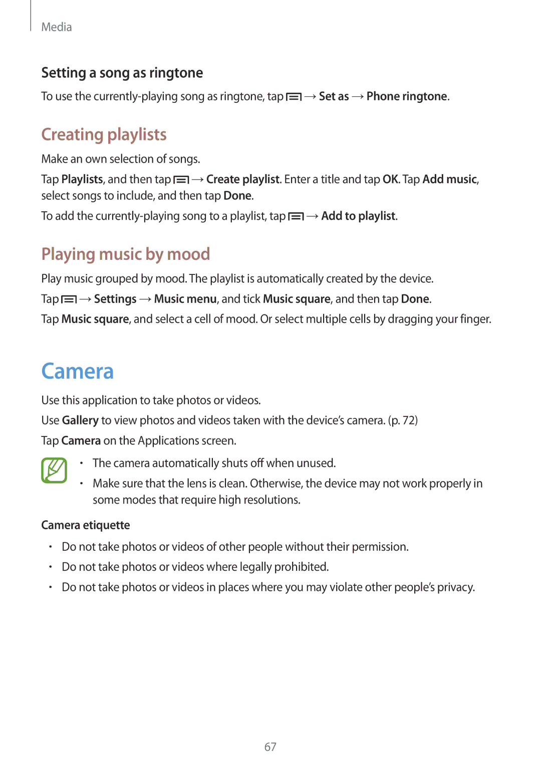 Samsung GT2I9060ZWDBGL manual Creating playlists, Playing music by mood, Setting a song as ringtone, Camera etiquette 