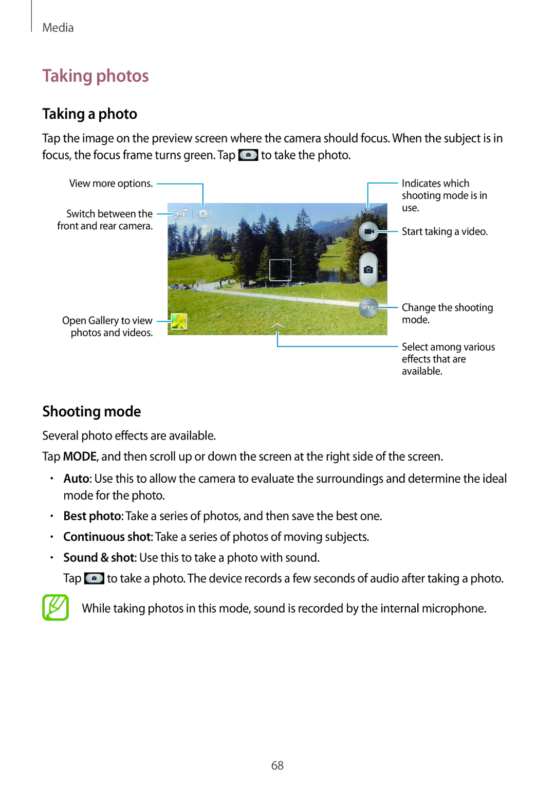 Samsung GT-I9060MKDVVT, GT-I9060EGAXEF, GT-I9060ZWAXEF, GT-I9060MKAXEF manual Taking photos, Taking a photo, Shooting mode 