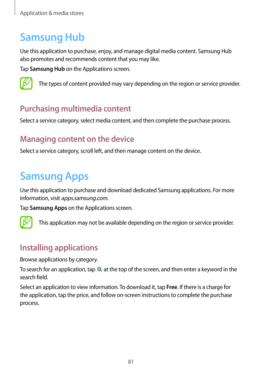 Samsung GT-I9060ZWAXEO manual Samsung Hub, Samsung Apps, Purchasing multimedia content, Managing content on the device 