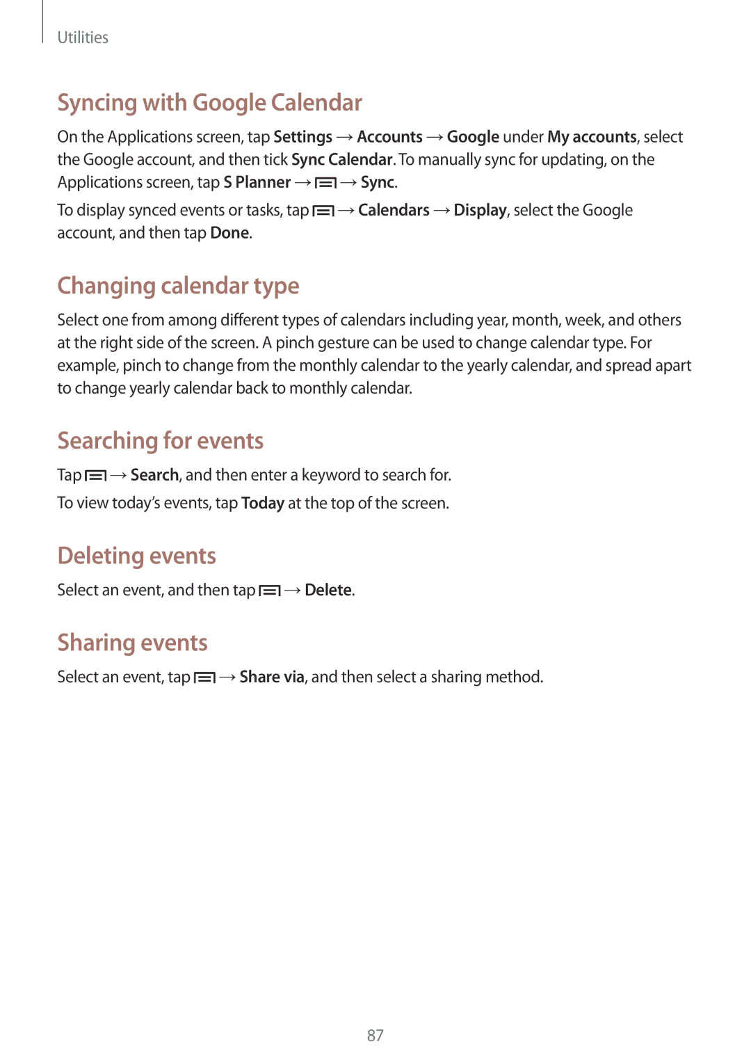 Samsung GT2I9060EGDETL manual Syncing with Google Calendar, Changing calendar type, Searching for events, Deleting events 