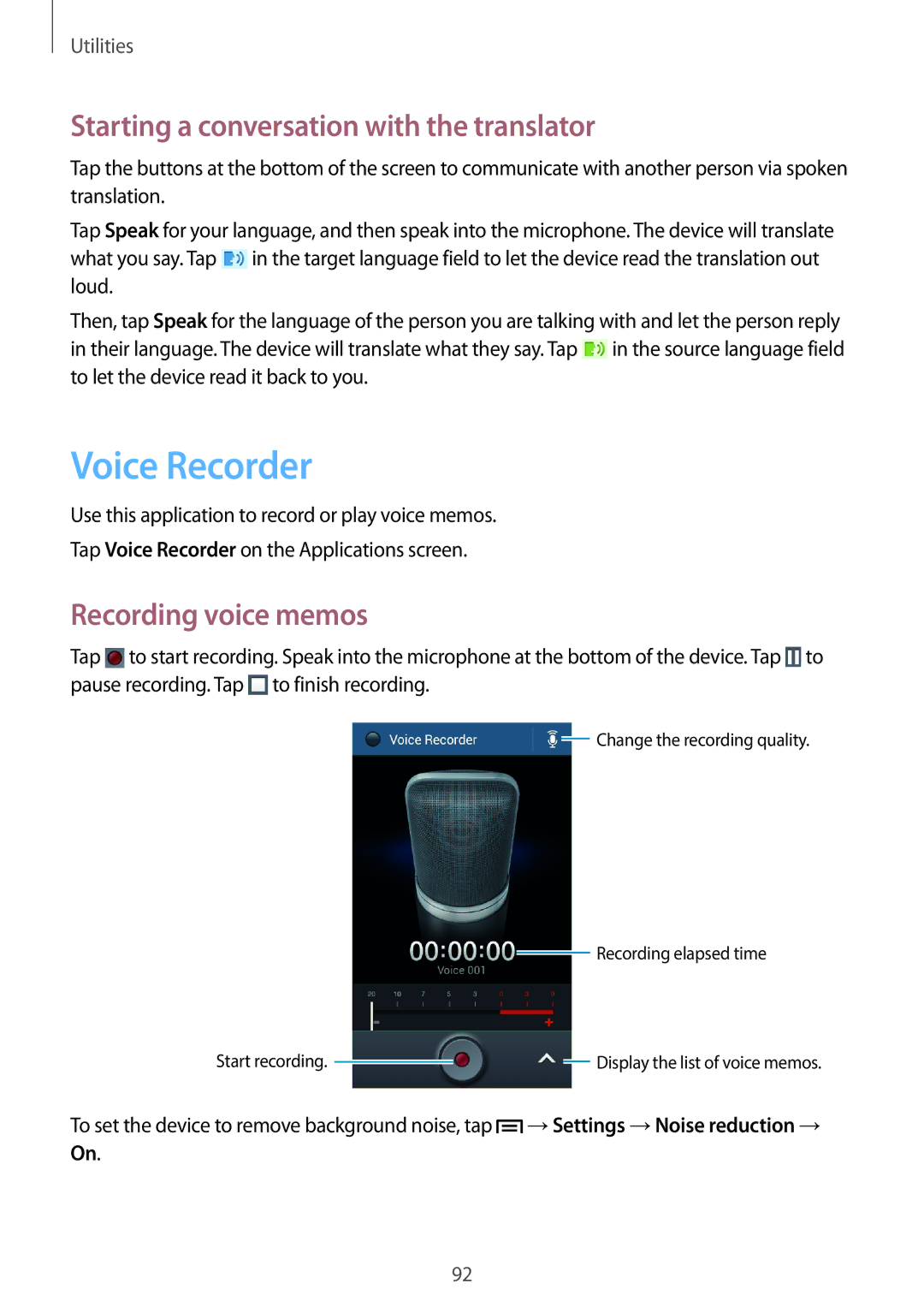 Samsung GT-I9060ZWDETL, GT-I9060EGAXEF Voice Recorder, Starting a conversation with the translator, Recording voice memos 