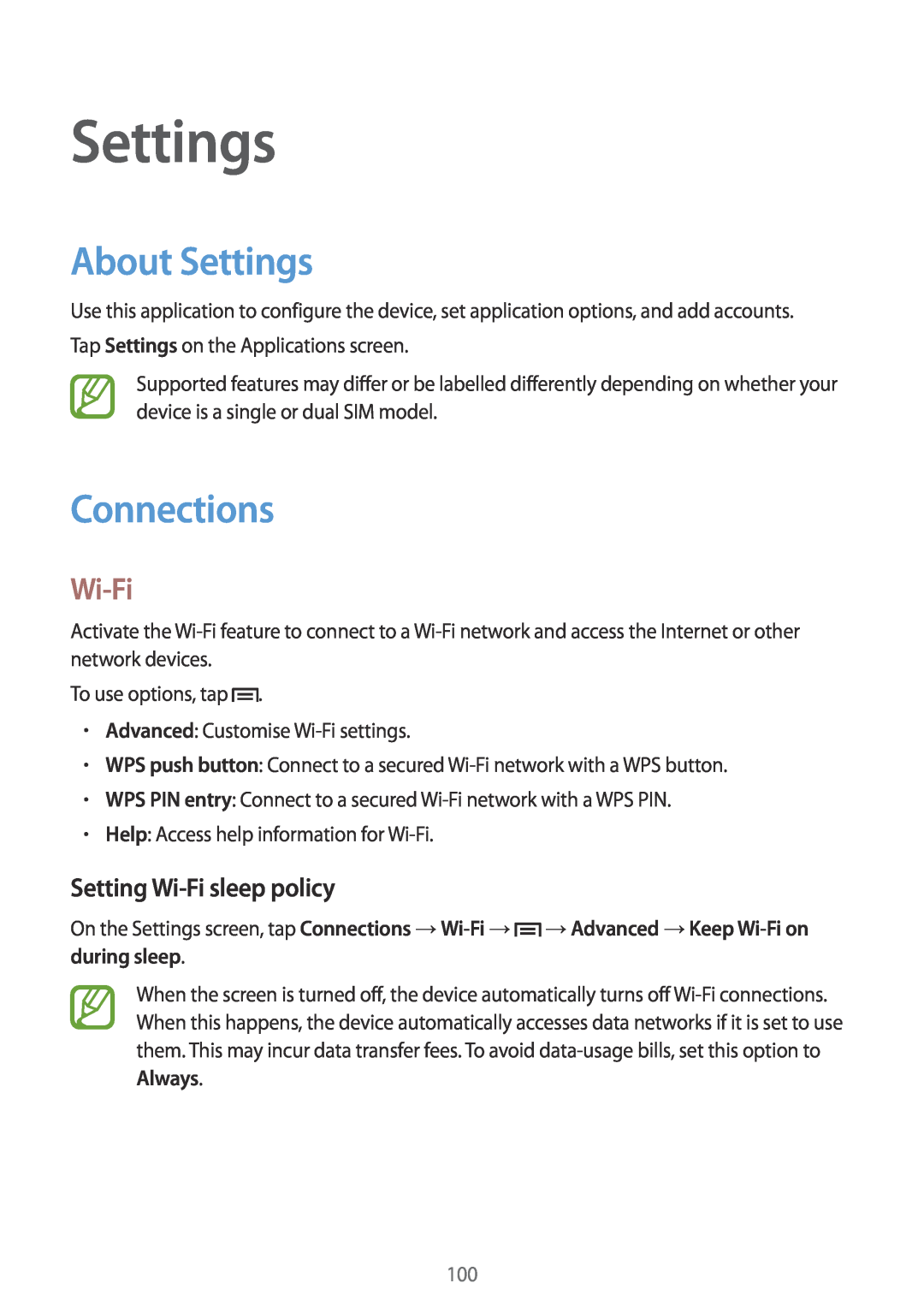Samsung GT-I9060MKASEB, GT-I9060EGAXEF, GT-I9060ZWAXEF manual About Settings, Connections, Setting Wi-Fi sleep policy 