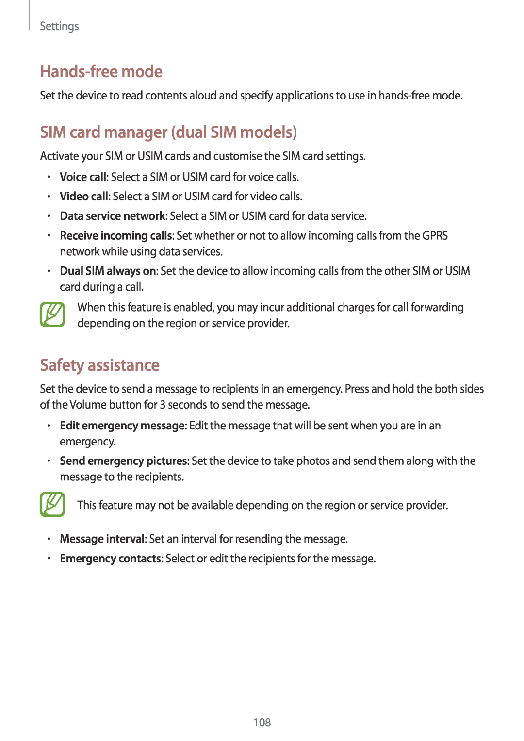 Samsung GT-I9060MKASER, GT-I9060EGAXEF manual SIM card manager dual SIM models, Safety assistance, Hands-free mode, Settings 