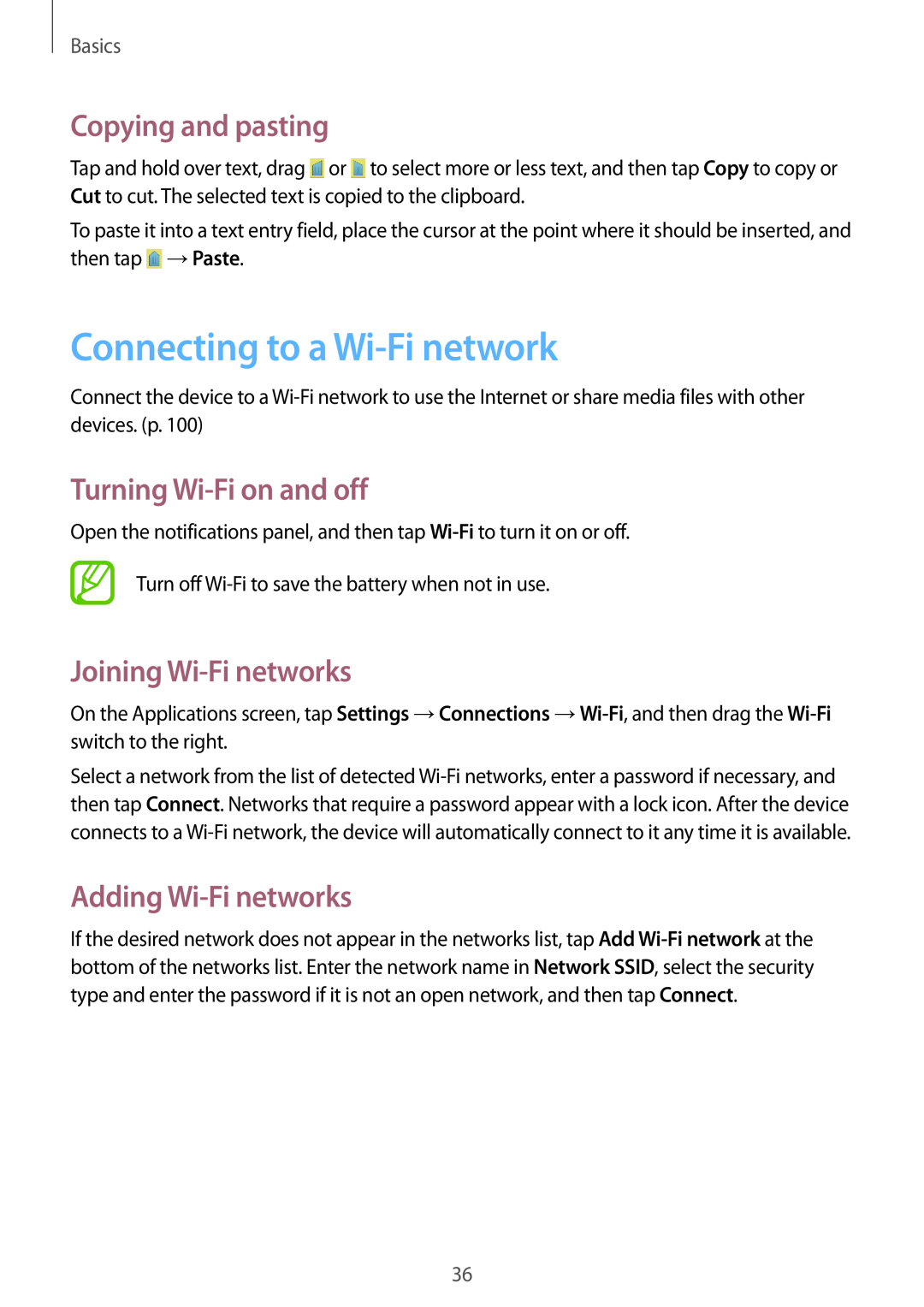 Samsung GT-I9060ZODTHR Connecting to a Wi-Fi network, Copying and pasting, Turning Wi-Fi on and off, Adding Wi-Fi networks 